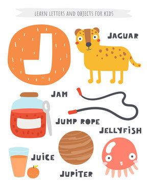 J letter objects and animals including jaguar, jam, jump rope, juice, jupiter planet, jellyfish.