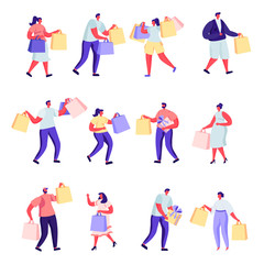 Fototapeta na wymiar Set of flat people shopping at mall or supermarket characters. Bundle cartoon people joyful shoppers with packages on white background. Vector illustration in flat modern style.