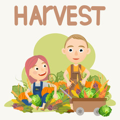 Cute boy and girl are sitting on a heap of ripe fresh vegetables. Harvest. Farming and agriculture. People doing farming job. Vector illustration of kids