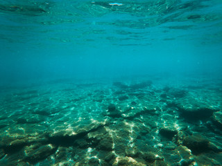 Fototapeta na wymiar Fondale marino della Grecia con pesci e scogli