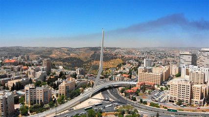 Fototapeta premium Jerusalem main entrance with Chords Bridge Aerial view Flying over Jerusalem entrance with Chords Bridge