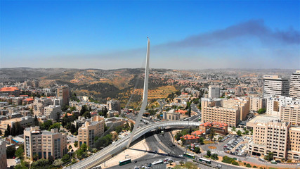 Naklejka premium Jerusalem main entrance with Chords Bridge Aerial view Flying over Jerusalem entrance with Chords Bridge