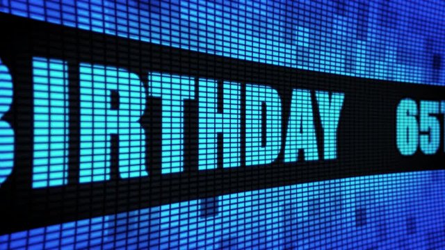 65th Happy Birthday Side Text Scrolling on Light Blue Digital LED Display Board Pixel Light Screen Looped Animation 4K Background. Sign Board , Blinking Light, Pixel Monitor, LED Wall Pannel