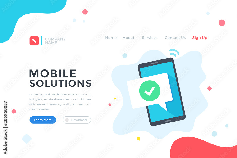 Poster mobile solutions. hand holding mobile phone with check mark on screen. smartphone and checkmark. mod