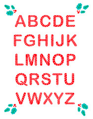 Alphabet hand drawn red and white christmas candy style with green leaves