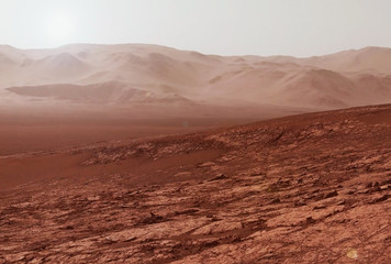 The surface and mountains on Mars, with the sky. Elements of this image were furnished by NASA