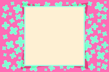 Bright curved vector frame for a photo or image in vintage style on a on a cozy pink background with light blue crosses. Nice and pretty. Suitable for children,adults and hipsters.