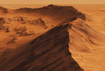The surface and mountains on Mars, with the sky. Elements of this image were furnished by NASA