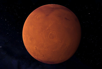 Planet Mars, in red rusty color, on a dark background.  Elements of this image were furnished by...