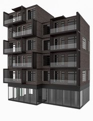 3D modern apartment hotel building. Isolated object on a white background