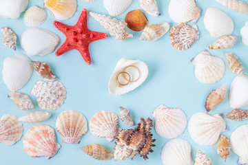 Rings on a shell, a decor for a wedding table on the shells frame background. Tropical weddings. Copy space