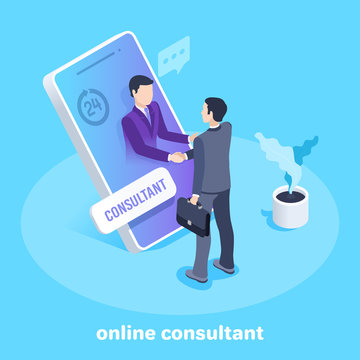 isometric vector image on a blue background, a man in a business suit greets an employee consultant on a smartphone screen, online consultation service