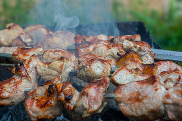 Pork roasted over the coals. Closeup of a barbecue with smoke in the foreground.