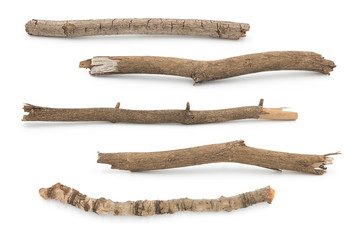 Multiple sets of branches old wood collection closeup white isolated