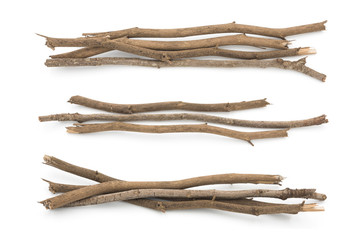 Multiple sets of branches old wood collection closeup white isolated