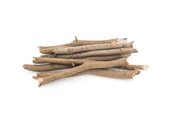 Bunch of branches old wood collection closeup white isolated