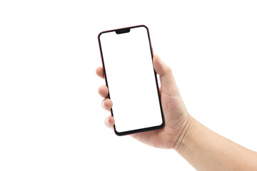 A man's hand holding a black smartphone isolated on white