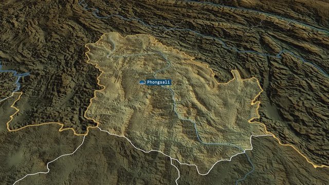 Ph&ocirc;ngsali - province of Laos with its capital zoomed on the physical map of the globe. Animation 3D
