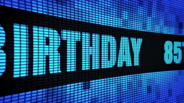 85th Happy Birthday Side Text Scrolling on Light Blue Digital LED Display Board Pixel Light Screen Looped Animation 4K Background. Sign Board , Blinking Light, Pixel Monitor, LED Wall Pannel