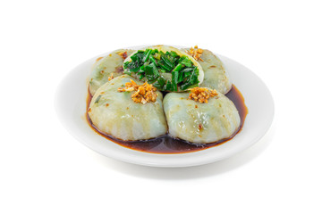 Steamed chives dumplings or Chinese chives dumplings with sauce isolated on white background