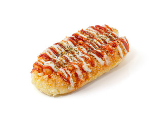 Crispy bread and sausage topped with sauce isolated on white background