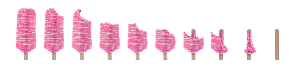 Ice cream stick Strawberry milk in different stages of eating isolated on white background