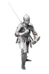 Knight in shiny metal armor on white background.