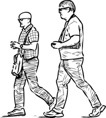 Sketch of tourists men striding down street on summer day