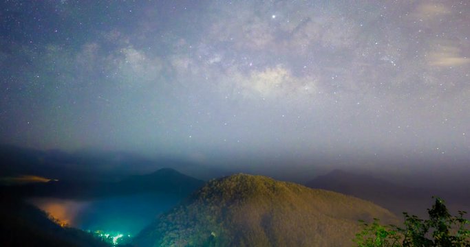 Time lapse 4K of the Milky Way and stars illuminated in the dark night  above the hillside village of northern Thailand.