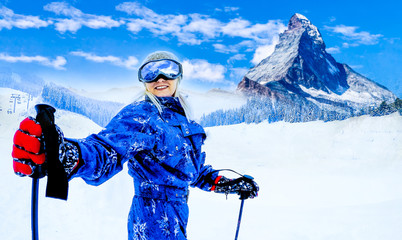 Girl on skiing on snow on a sunny day in the mountains. Ski in winter seasonon, the tops of snowy...