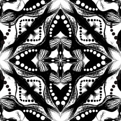 Ethnic style psychedelic abstract vector seamless pattern. Grunge black and white tribal background. Repeat monochrome decorative backdrop. Geometric floral ornament with shapes, circles, dots, lines