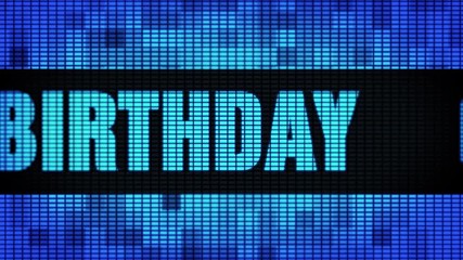 60th Happy Birthday Front Text Scrolling on Light Blue Digital LED Display Board Pixel Light Screen Looped Animation 4K Background. Sign Board , Blinking Light, Pixel Monitor, LED Wall Pannel