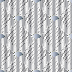 3d striped ornamental light vector seamless pattern. Silver textured abstract background. Surface modern repeat backdrop. Decorative ornate 3d ornament with geometric shapes, lines, stripes, tiles.