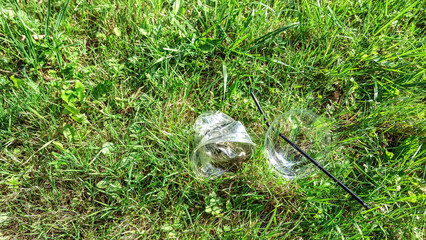 Obraz premium Environmental pollution: plastic cap lies in the grass.