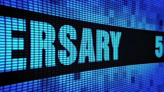 50th Anniversary Side Text Scrolling on Light Blue Digital LED Display Board Pixel Light Screen Looped Animation 4K Background. Sign Board , Blinking Light, Pixel Monitor, LED Wall Pannel