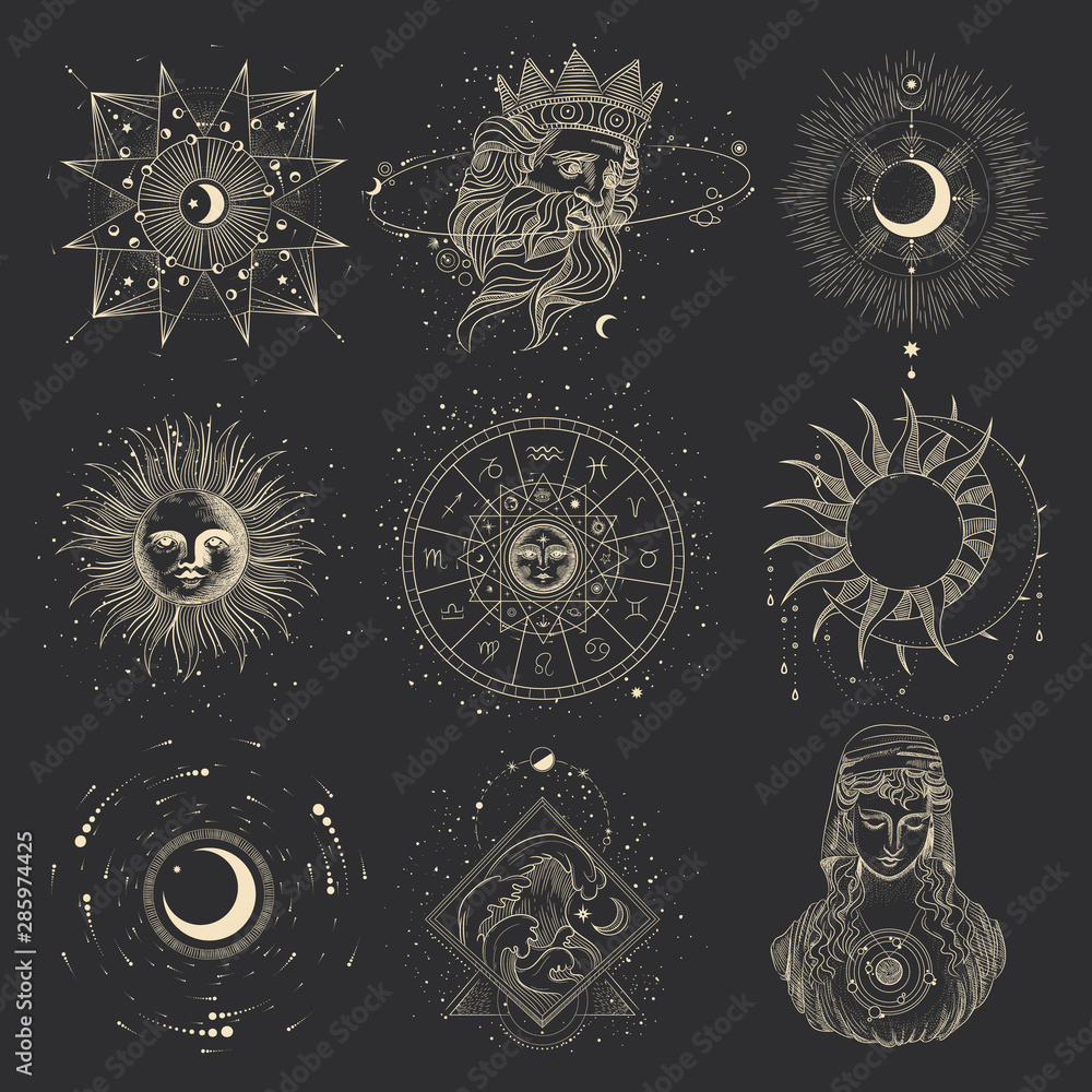 Wall mural vector illustration set of moon phases. different stages of moonlight activity in vintage engraving 