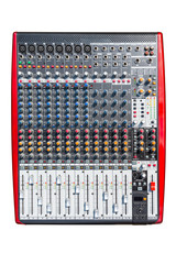 A professional sixteen input sound mixer with many adjustments, isolated on a white background with...