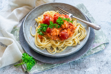 Chilli crab and cherry tomato linguine pasta