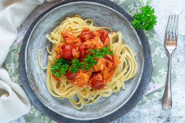 Chilli crab and cherry tomato linguine pasta - overhead view