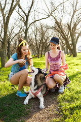 Naklejka na ściany i meble Twin sister in the park with a dog