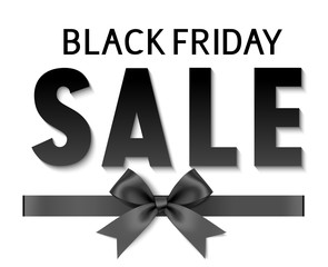  Black friday sale design template. Text with decorative black bow and ribbon isolated on white