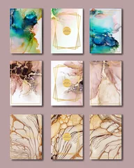 Gordijnen the big set of liquid marble with gold. flyer, business card, flyer, brochure, poster, for printing. trend vector © chikovnaya