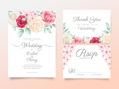Beautiful watercolor floral wedding invitation cards template set. Editable invite, thank you, rsvp cards vector design