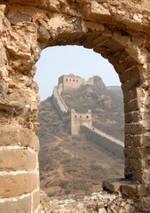 The Great Wall of China. This section of the Great Wall is Jinshanling, a wild part with scenic views. The Great Wall of China near Beijing. Wild Great Wall of China, Jinshanling, Beijing, window view