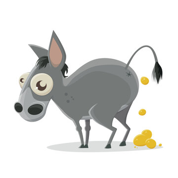 funny cartoon illustration of the backside of a donkey producing gold nuggets