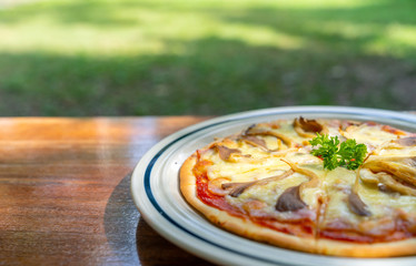 Italian pizza on wooden table.