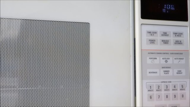 person heating food in microwave