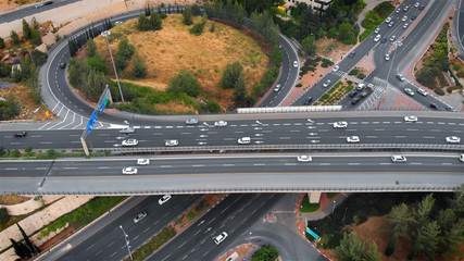 Traffic and bridge in Jerusalem aerial Flying over traffic and bridge in jerusalem