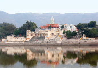 Hindu temple on ghat in Pushkar, Rajasthan, India