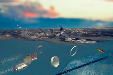 Environmental pollution. Ecology. A plastic bottle, bag, plastic caps and straws floats in the...